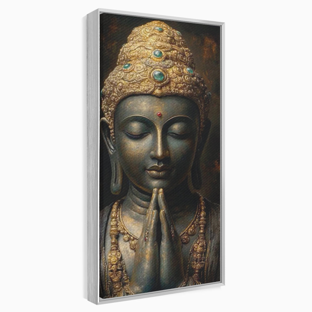 Tablou canvas cu tablou canvas cu buddha in rugaciune, in rama de aluminiu argintiu